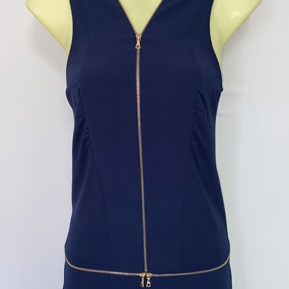 Sandro Paris Dress Navy Gold Tone Zipper Accent Ruffle Hem Nwot Sm - Picture 3 of 8